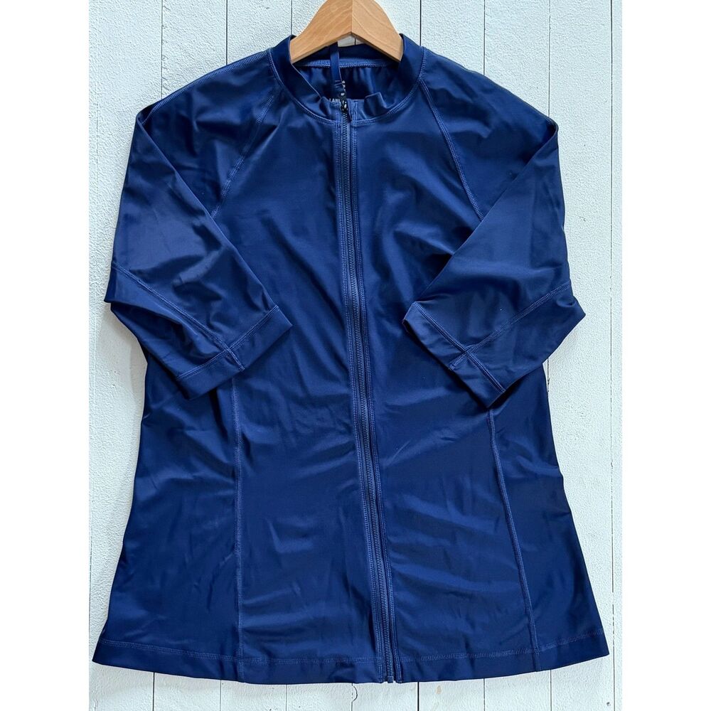 Lands End Navy Blue Full Zip Short Sleeve Rash Guard | Surf Beach Sun | Sz L